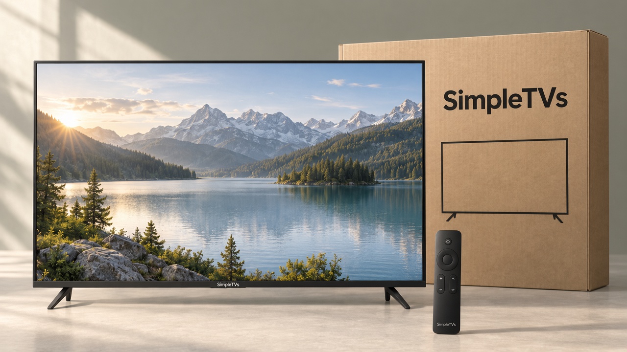 StupidSimple television, physical-button remote, and kraft shipping carton