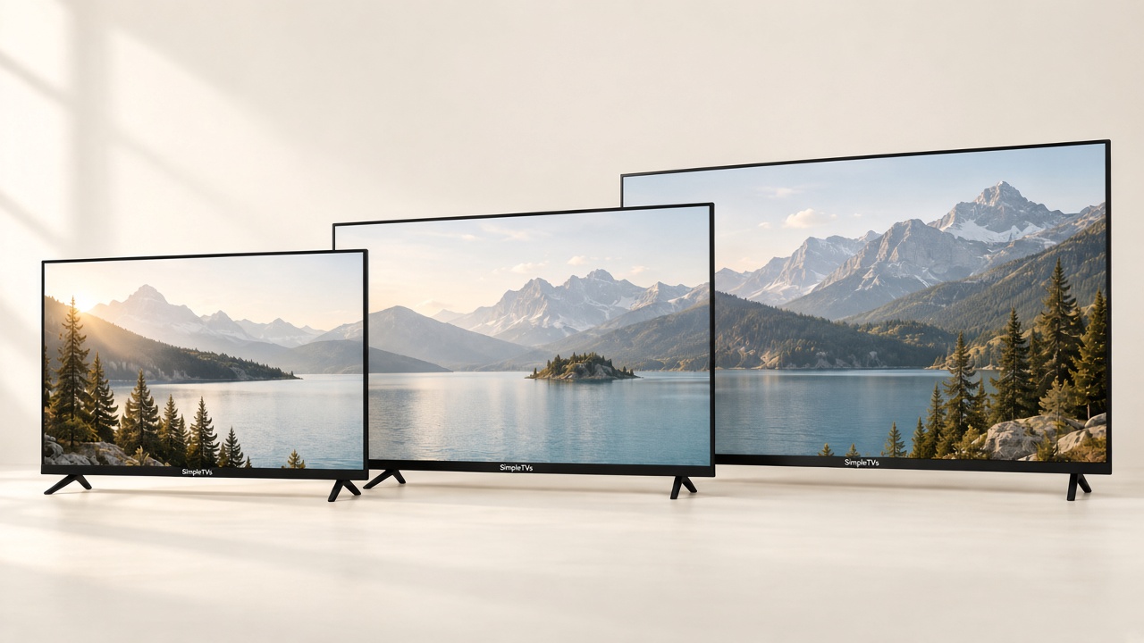 Three SimpleTVs televisions arranged from small to large, each displaying a calm alpine landscape