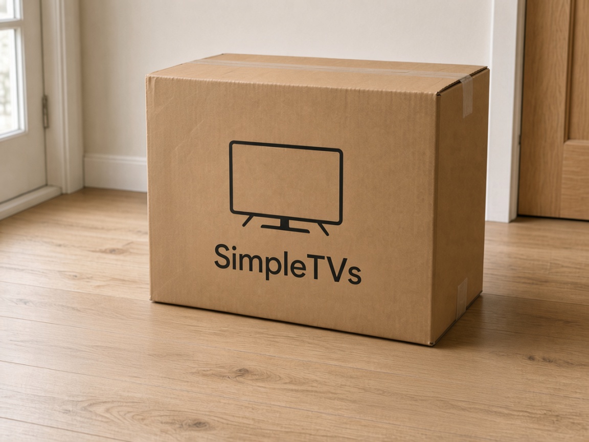 Intact kraft SimpleTVs carton on a wood floor