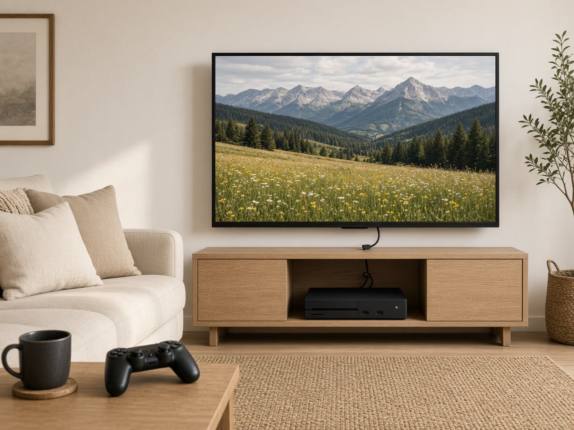 Living-room television showing a landscape, a generic disc-slot games console on the stand, and a controller on the coffee table.