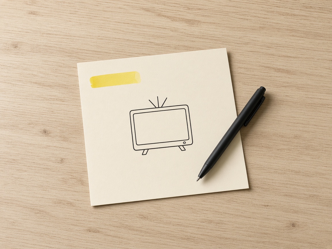 Cream paper with a yellow highlighter mark, an ink television outline, and a black pen on a wood desk