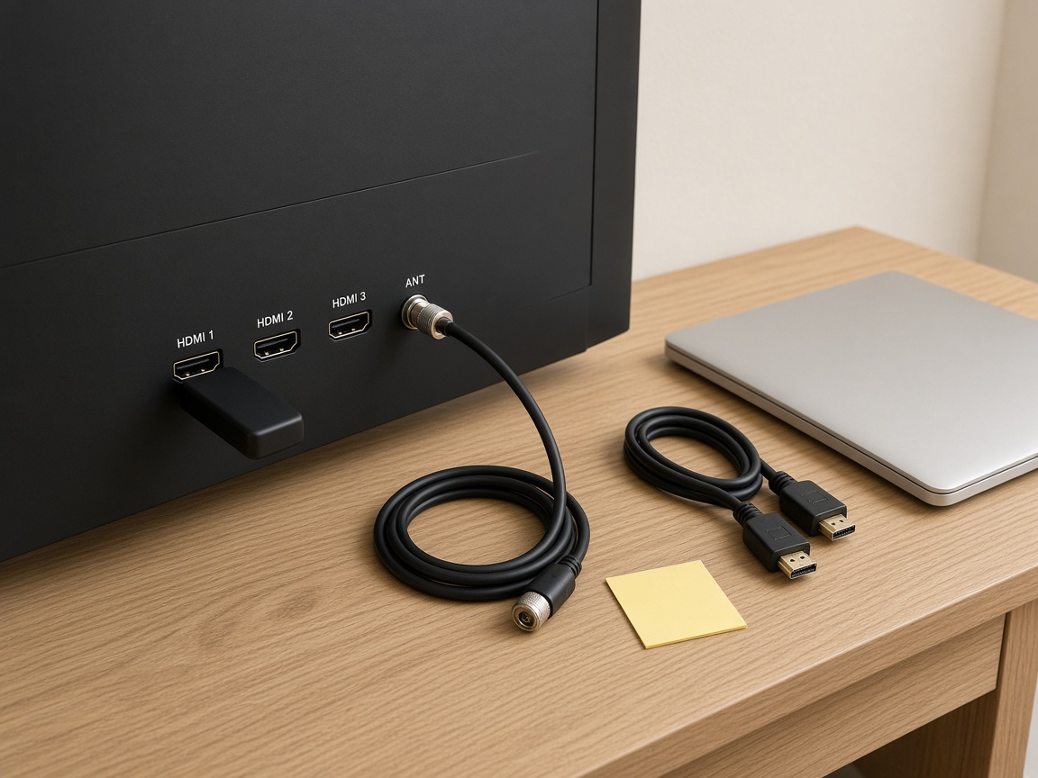 Rear television panel with a generic HDMI stick in HDMI 1, antenna cable on ANT, and a laptop HDMI cable on the table