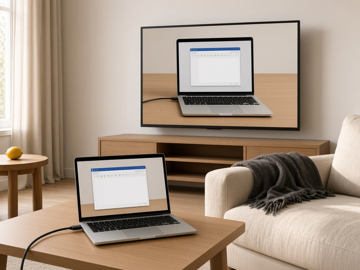 Open laptop on a coffee table with an HDMI cable plugged in, and a computer window shown on the television.