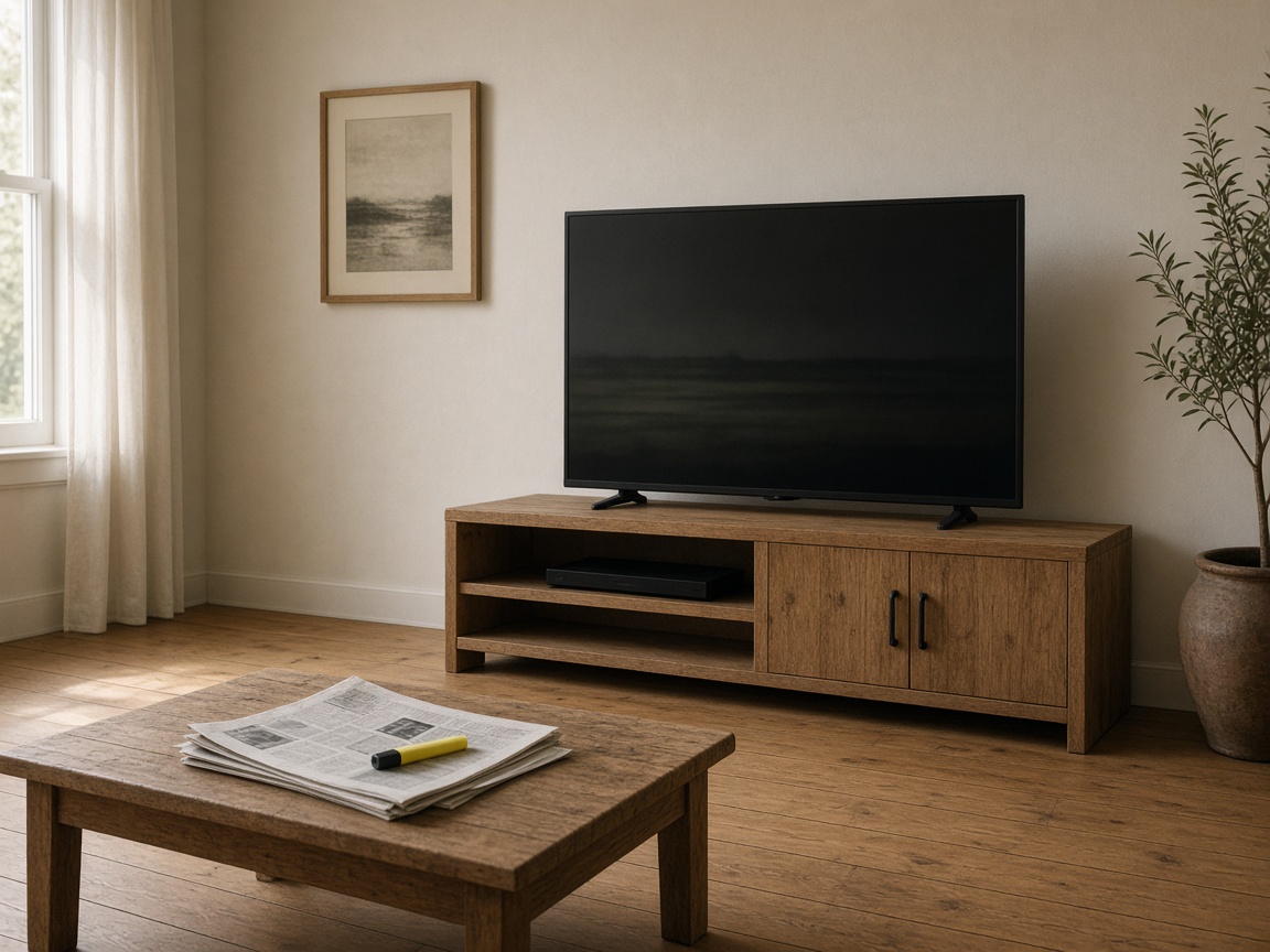 Quiet living room with a black television on a wooden stand, a newspaper and a yellow highlighter on the coffee table. The screen is just a picture.