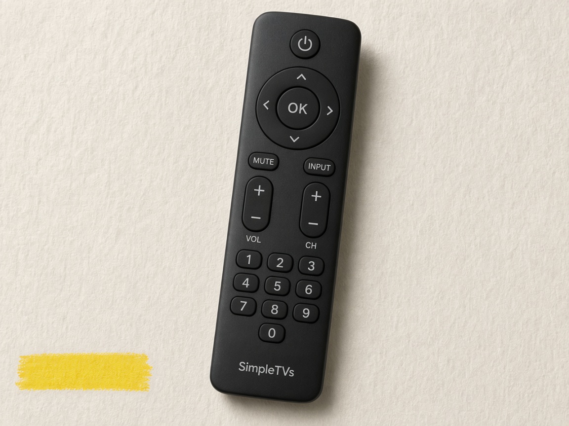 Matte black remote with physical buttons and a SimpleTVs wordmark on ivory paper