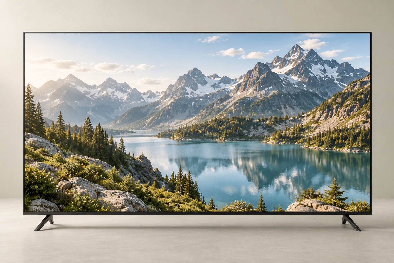 Black television on two feet displaying a mountain lake against a warm ivory studio background
